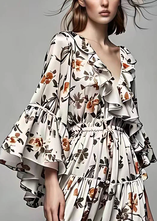 French Grey Ruffled Print Lace Up Cotton Maxi Dresses Flare Sleeve - Image 3