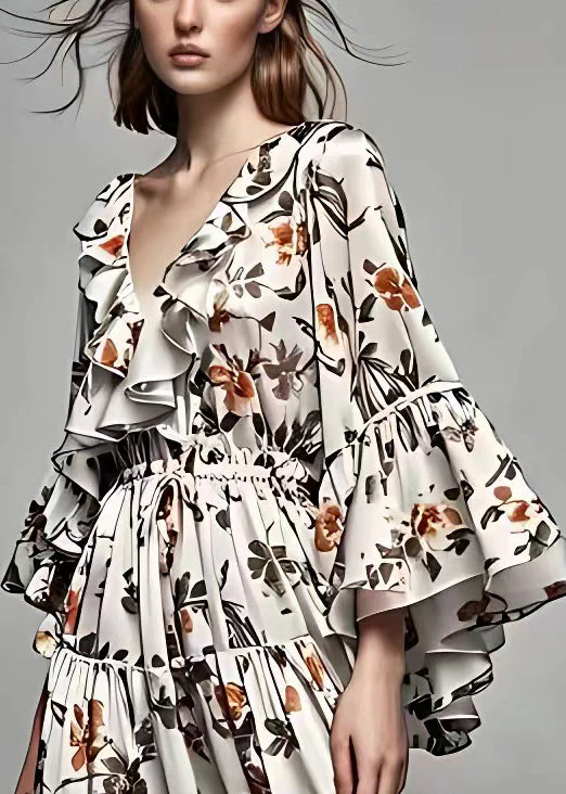 French Grey Ruffled Print Lace Up Cotton Maxi Dresses Flare Sleeve - Image 4