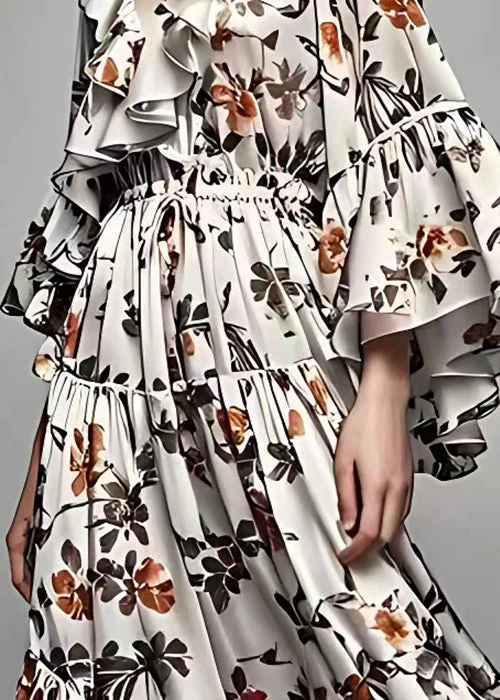 French Grey Ruffled Print Lace Up Cotton Maxi Dresses Flare Sleeve - Image 5