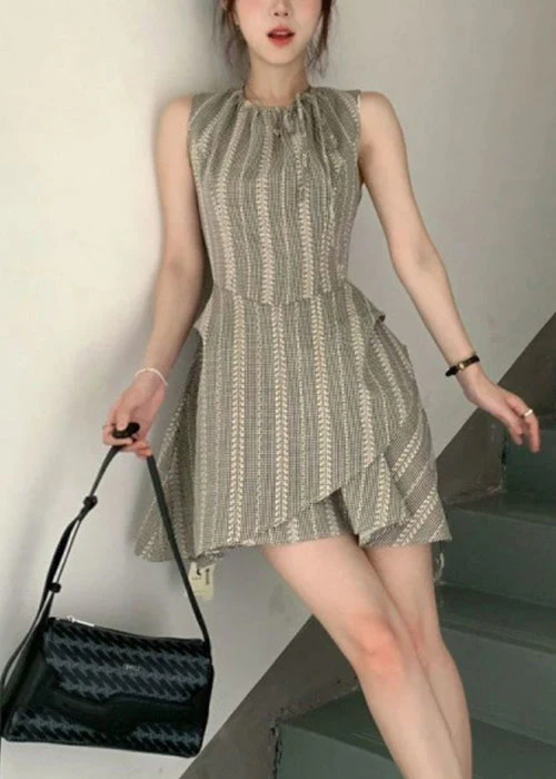 French Grey Striped Lace Up Cotton Mini Dress Sleeveless - Image 2
