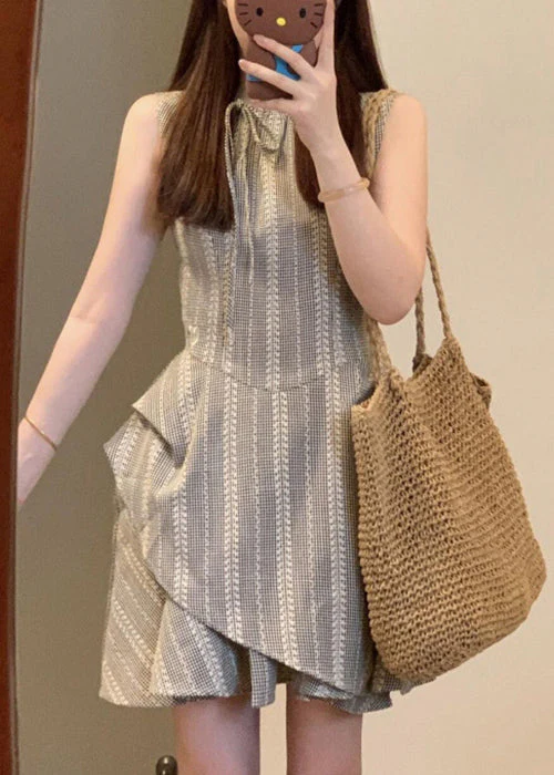 French Grey Striped Lace Up Cotton Mini Dress Sleeveless - Image 4