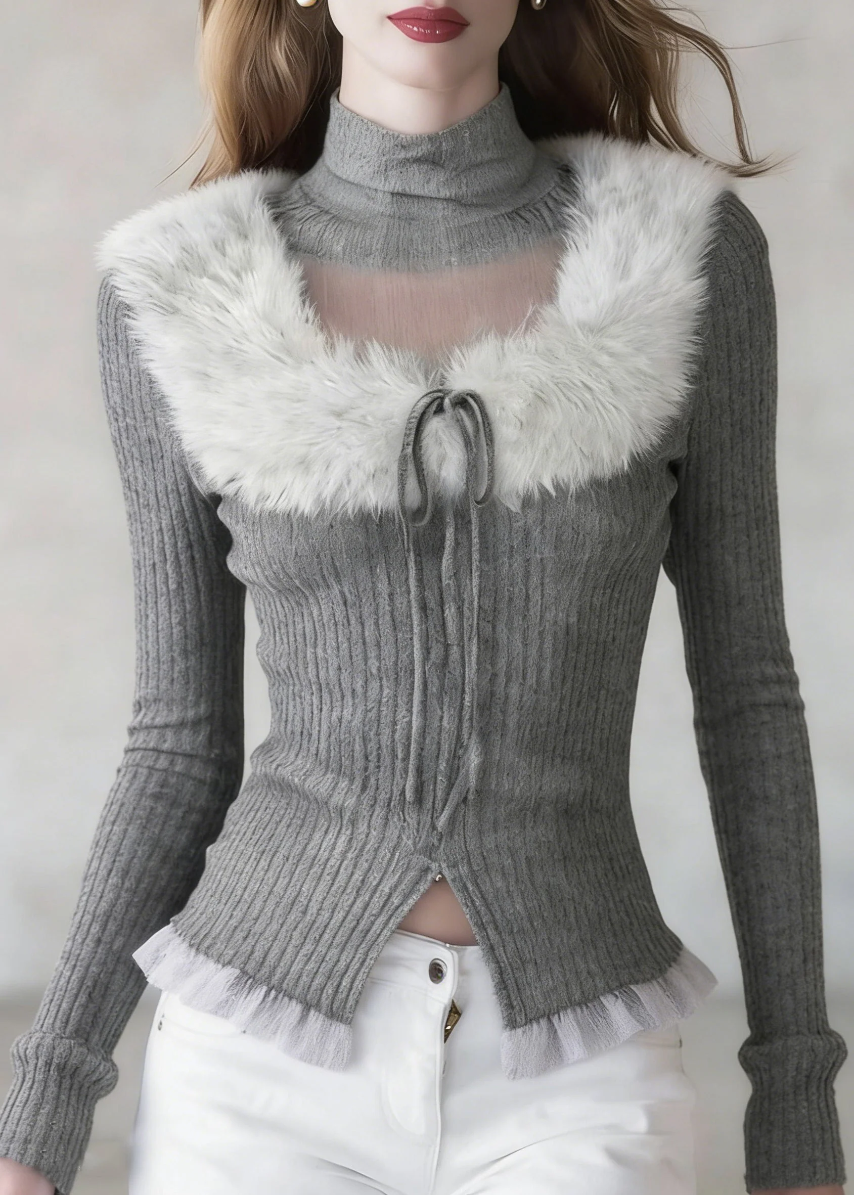 French Grey Turtleneck Patchwork Cotton Knit Sweaters Spring - Image 3