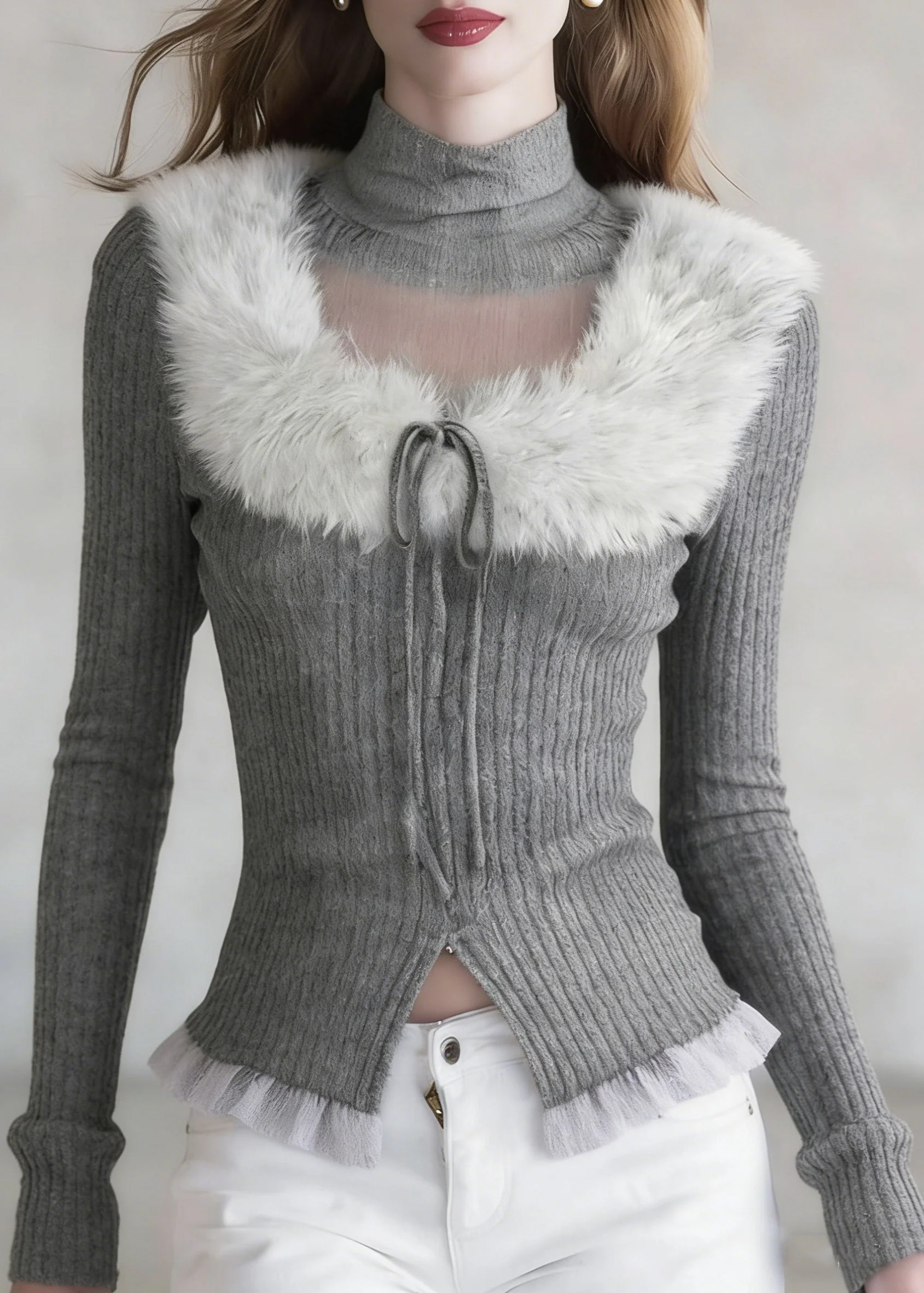 French Grey Turtleneck Patchwork Cotton Knit Sweaters Spring - Image 5