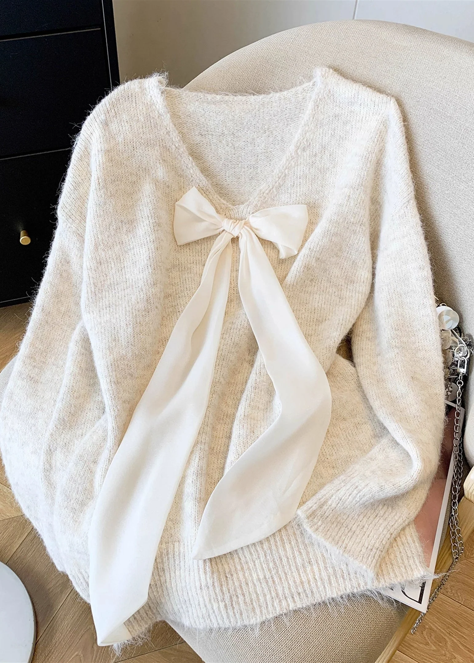 French Grey V Neck Bow Knit Sweaters Spring - Image 2