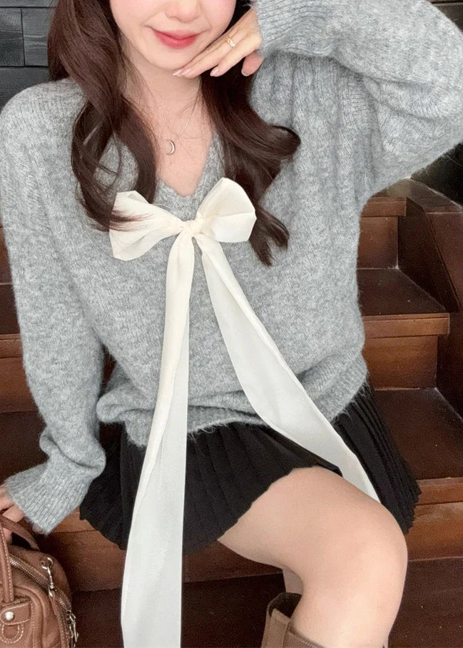 French Grey V Neck Bow Knit Sweaters Spring - Image 3