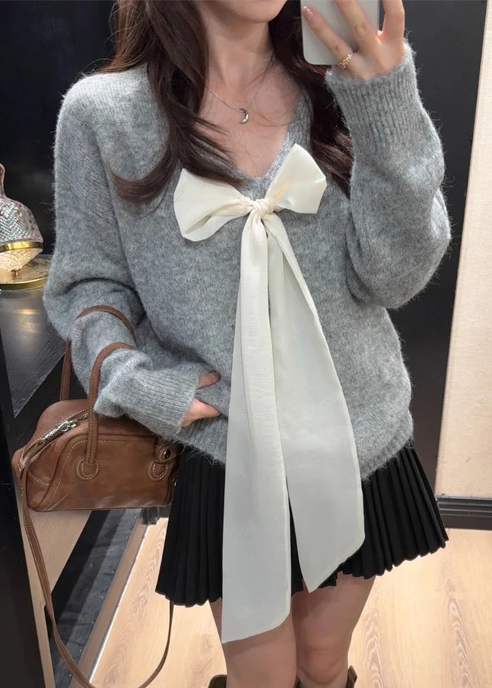 French Grey V Neck Bow Knit Sweaters Spring - Image 4