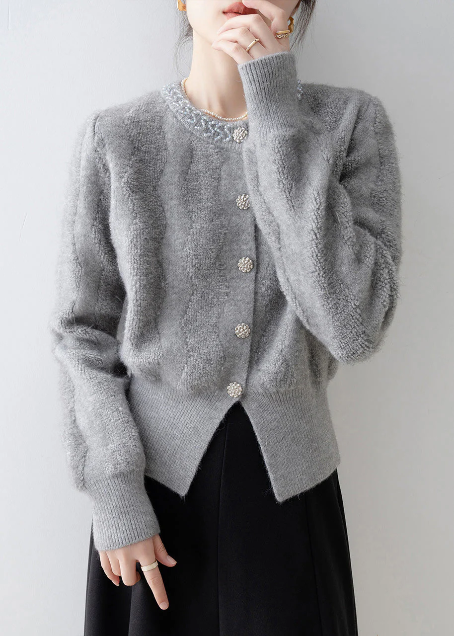 French Grey V Neck Button Knit Cardigans Spring - Image 4
