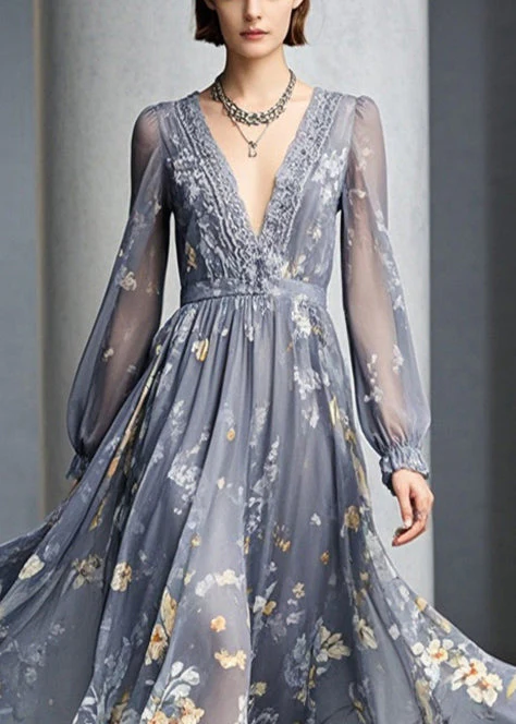 French Grey V Neck Print Chiffon Party Dresses Fall - Image 2