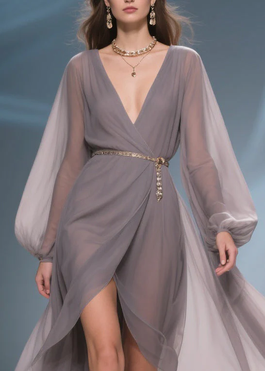 French Grey V Neck Side Open Chiffon Long Dresses Spring - Image 2