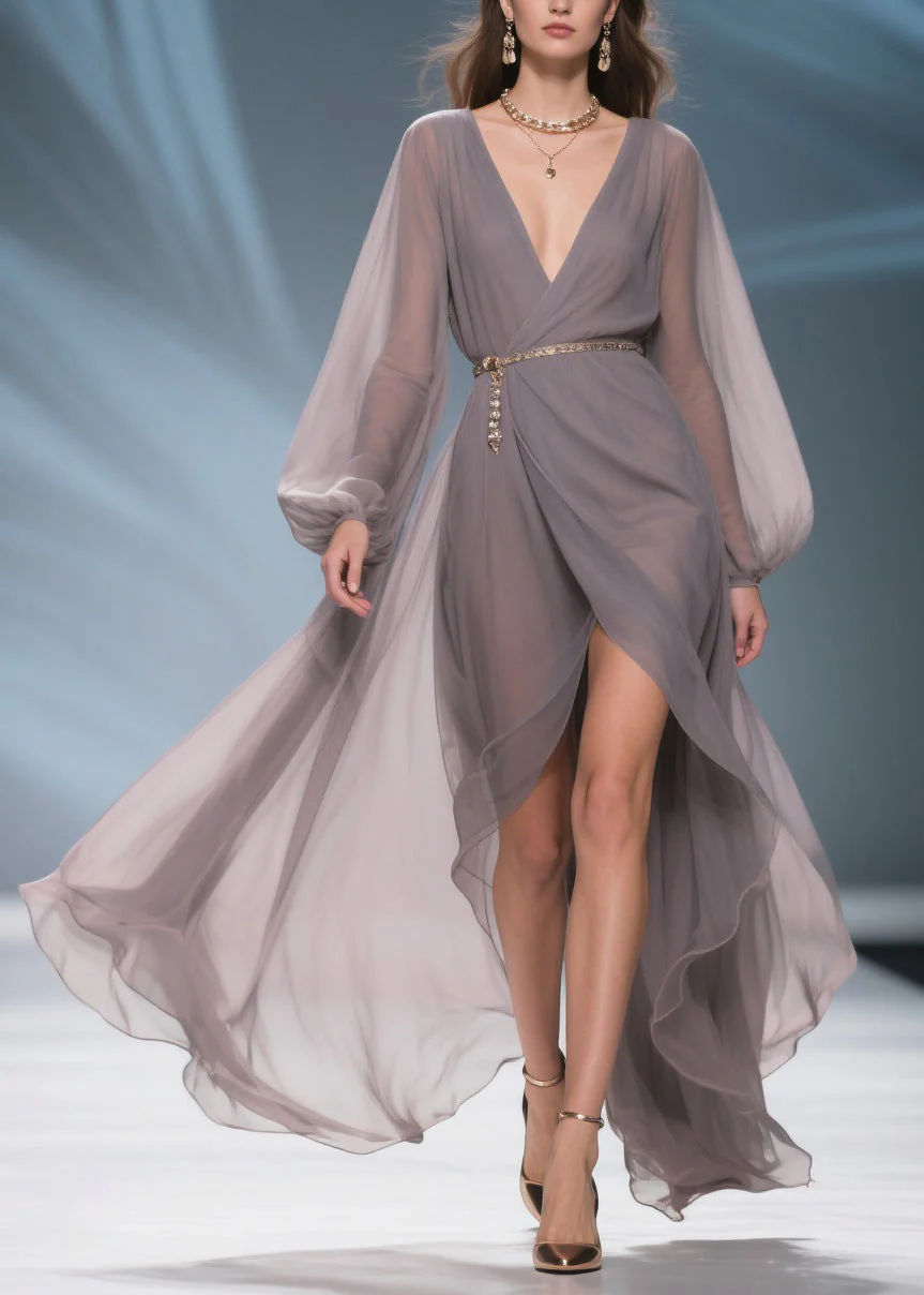 French Grey V Neck Side Open Chiffon Long Dresses Spring - Image 3