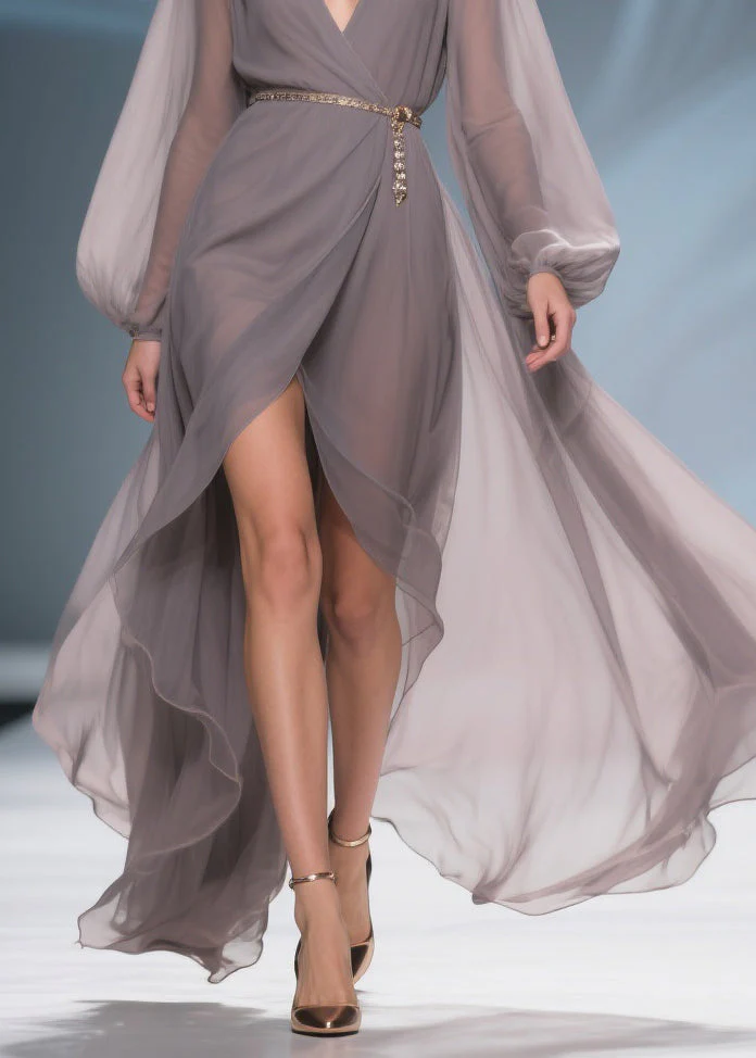French Grey V Neck Side Open Chiffon Long Dresses Spring - Image 4