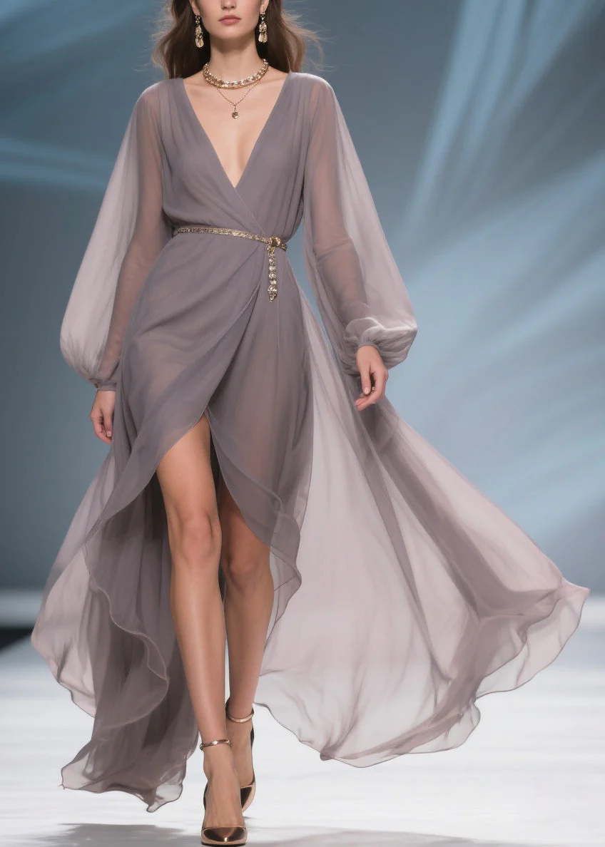 French Grey V Neck Side Open Chiffon Long Dresses Spring - Image 5