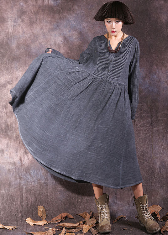 French Grey V Neck wrinkled Cotton Holiday Dress Spring - Image 2