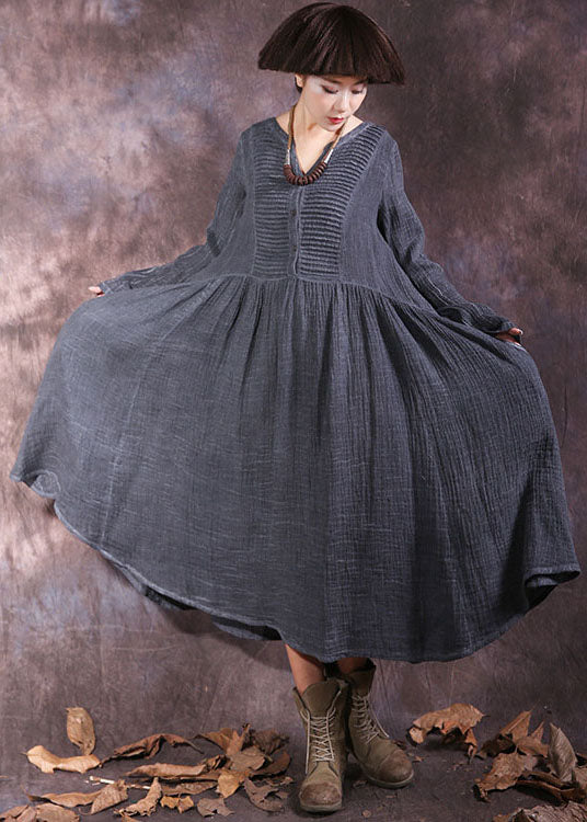 French Grey V Neck wrinkled Cotton Holiday Dress Spring - Image 3