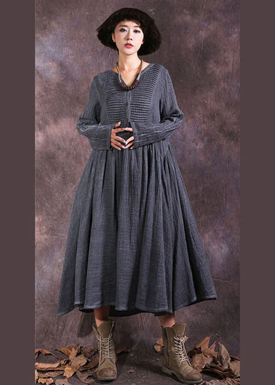 French Grey V Neck wrinkled Cotton Holiday Dress Spring - Image 4