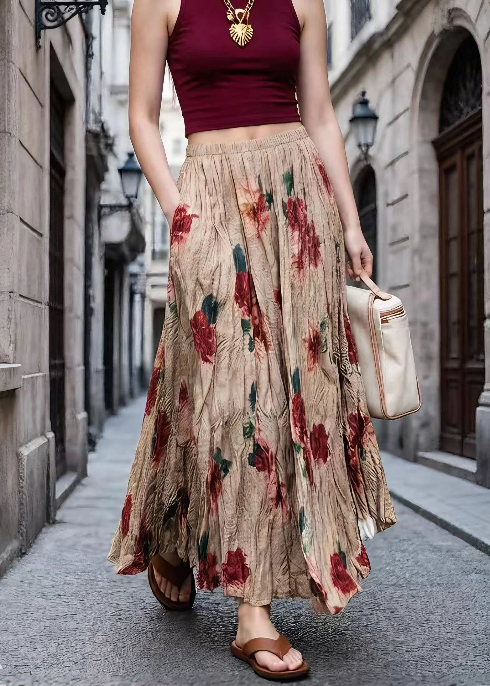 French High Waist Print Wrinkled Polyester Skirts Summer - Image 3