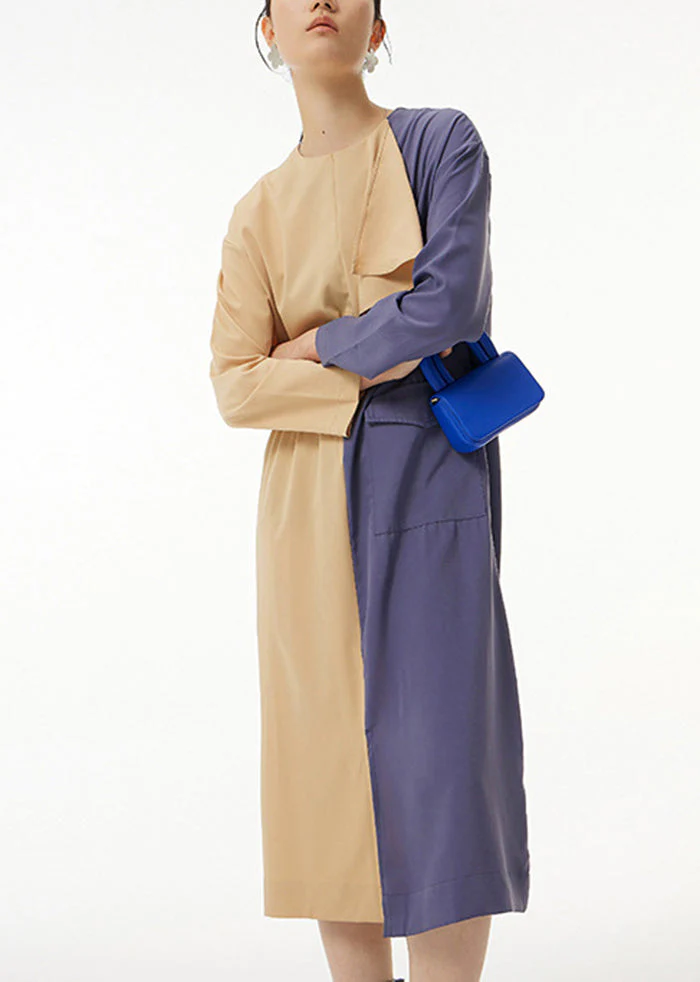 French Khaki Asymmetrical Patchwork Cotton Long Dress Spring - Image 2