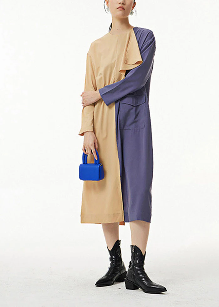 French Khaki Asymmetrical Patchwork Cotton Long Dress Spring - Image 3