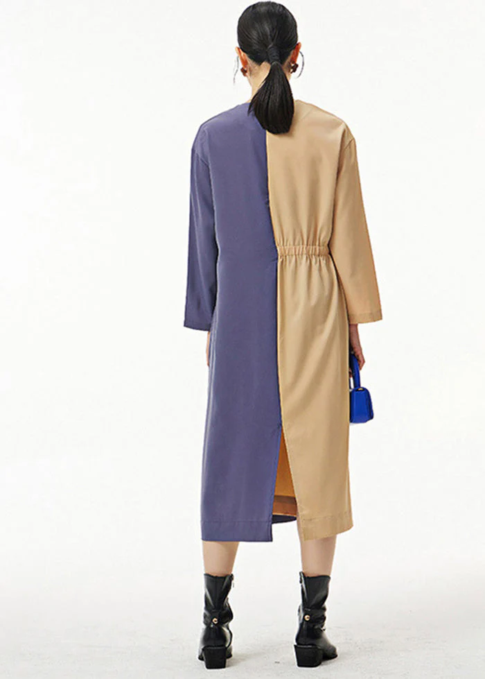 French Khaki Asymmetrical Patchwork Cotton Long Dress Spring - Image 4