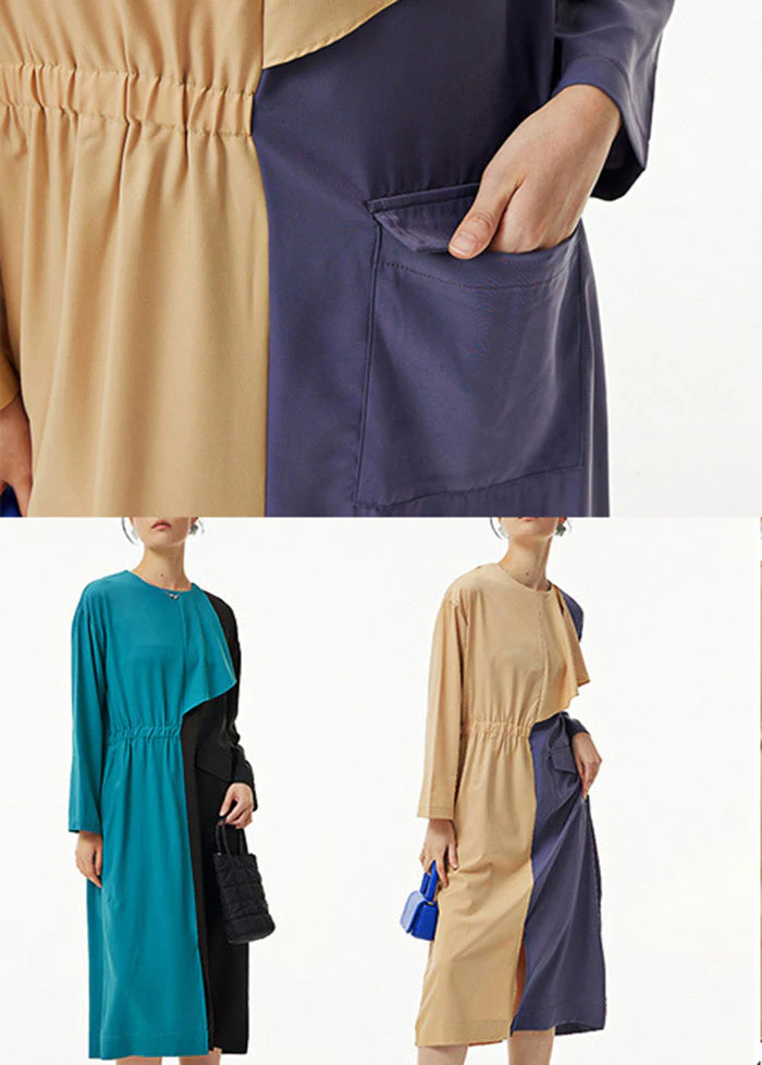 French Khaki Asymmetrical Patchwork Cotton Long Dress Spring - Image 5