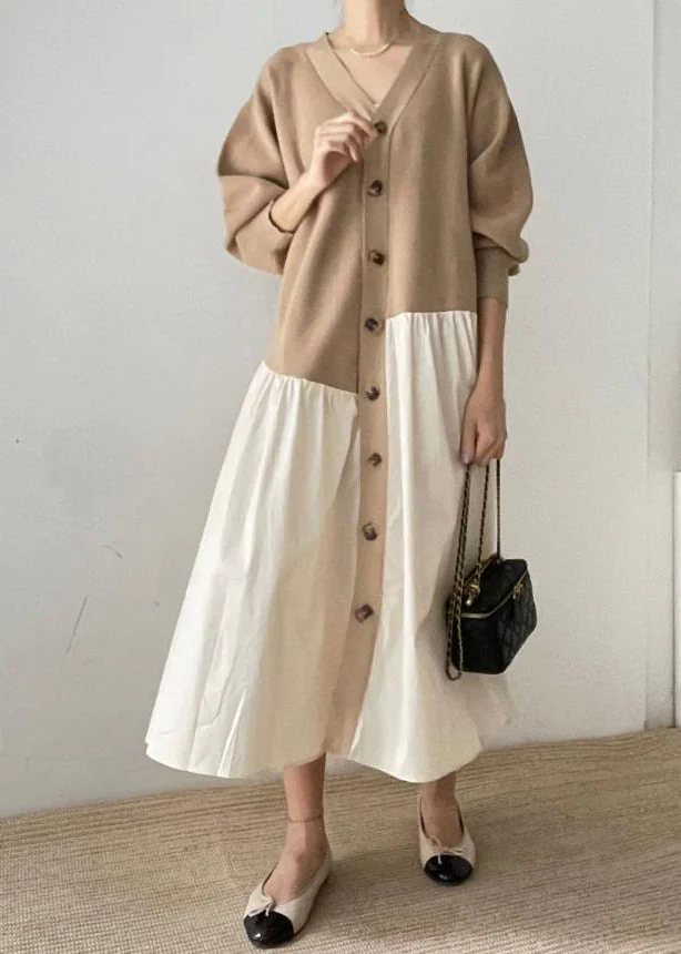 French Khaki Asymmetrical Patchwork Cotton Maxi Dresses Spring - Image 2