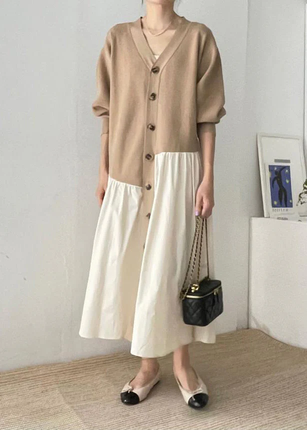 French Khaki Asymmetrical Patchwork Cotton Maxi Dresses Spring - Image 3