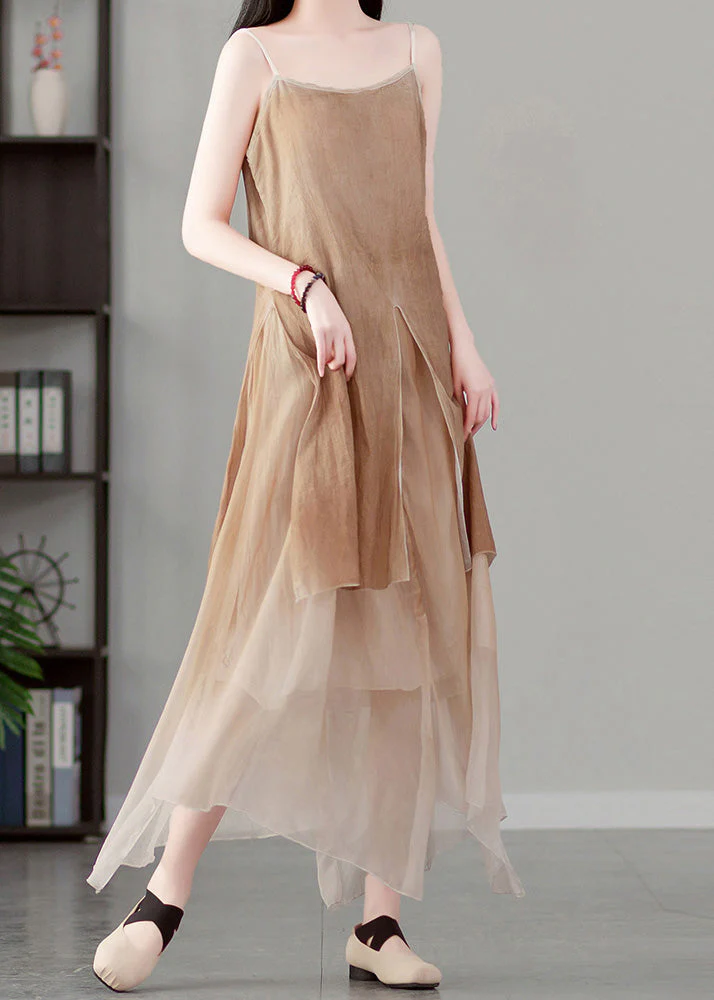 French Khaki Asymmetrical Patchwork Cotton Spaghetti Strap Dress Sleeveless - Image 4
