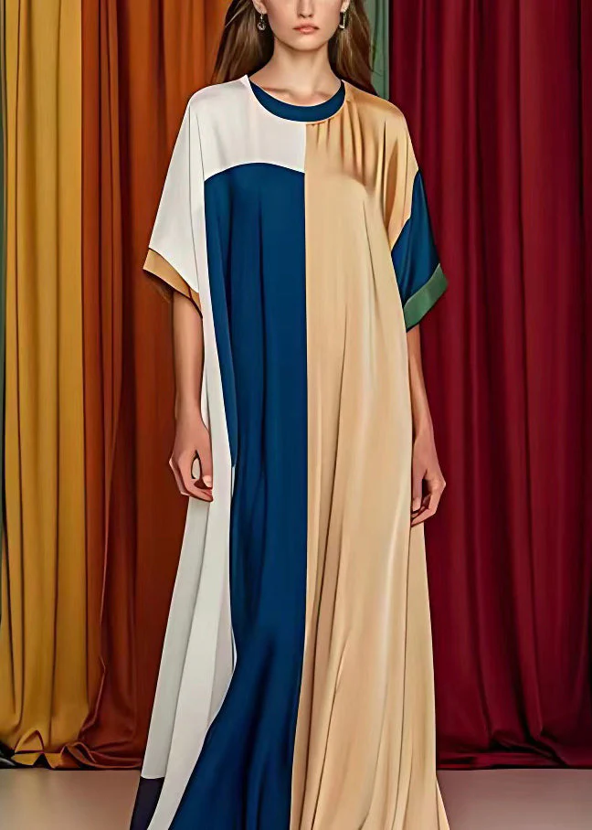 French Khaki Asymmetrical Patchwork Silk Dresses Half Sleeve - Image 2