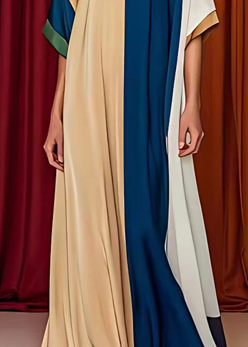 French Khaki Asymmetrical Patchwork Silk Dresses Half Sleeve - Image 5