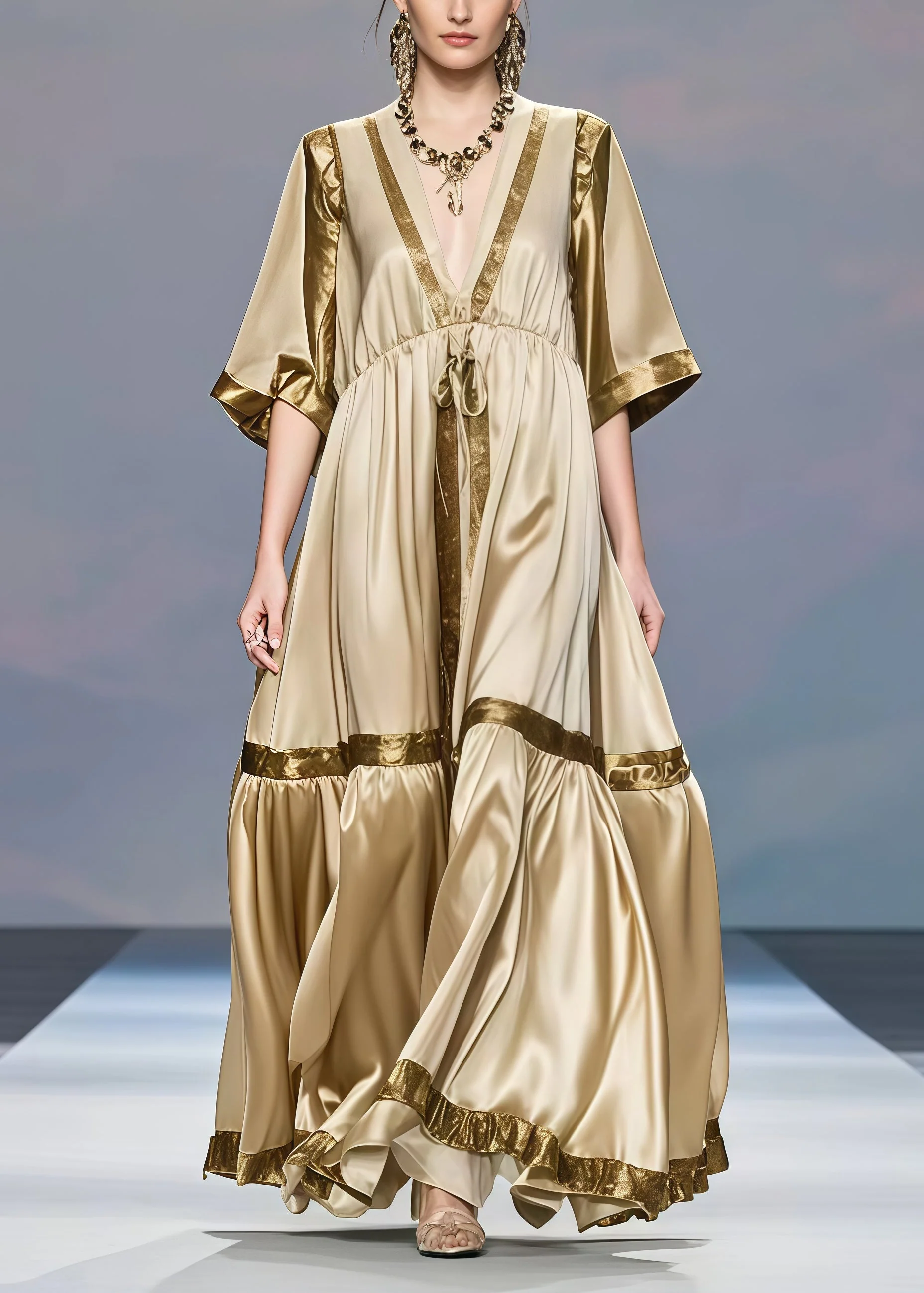 French Khaki Cinched Exra Large Hem Silk Dress Summer - Image 5
