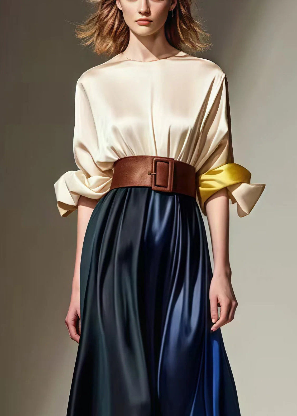 French Khaki Cinched Patchwork Silk Holiday Dress Spring - Image 3