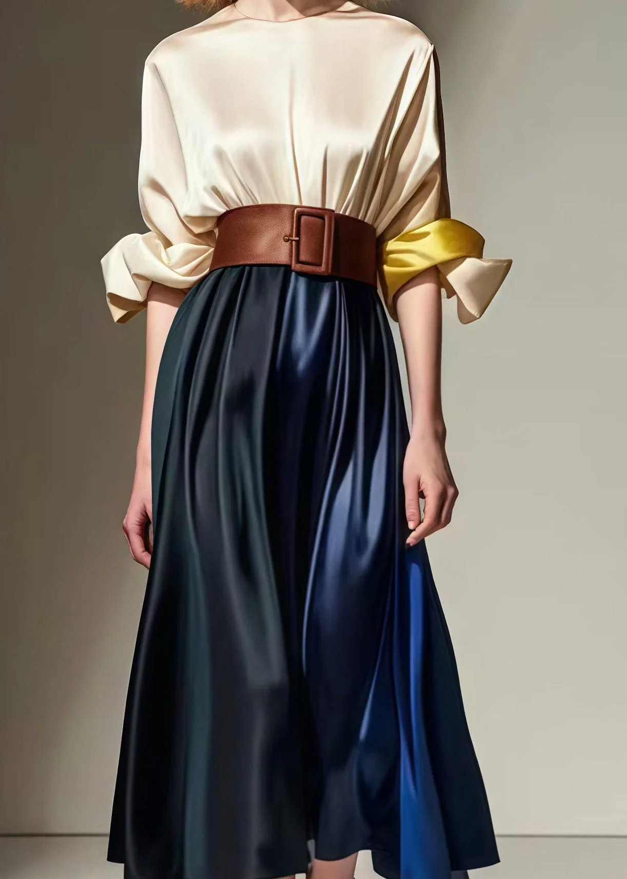 French Khaki Cinched Patchwork Silk Holiday Dress Spring - Image 4