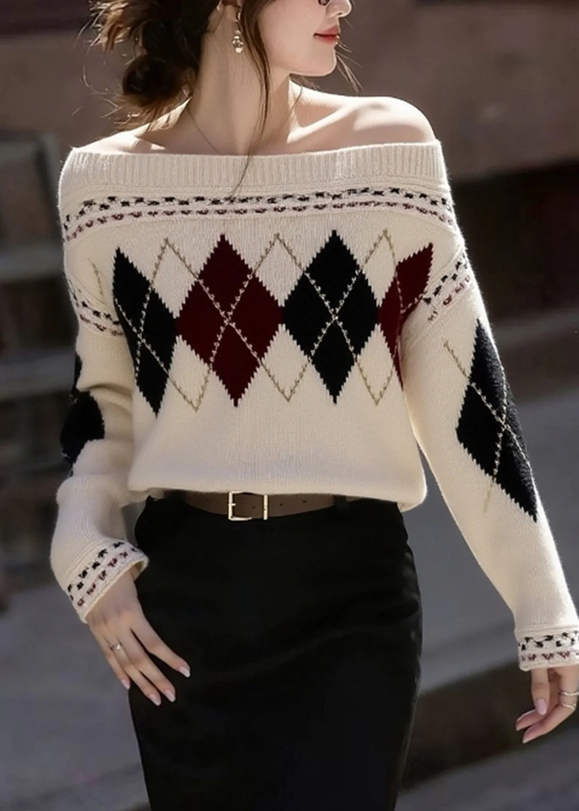 French Khaki Cold Shoulder Print Knit Sweaters Winter - Image 2