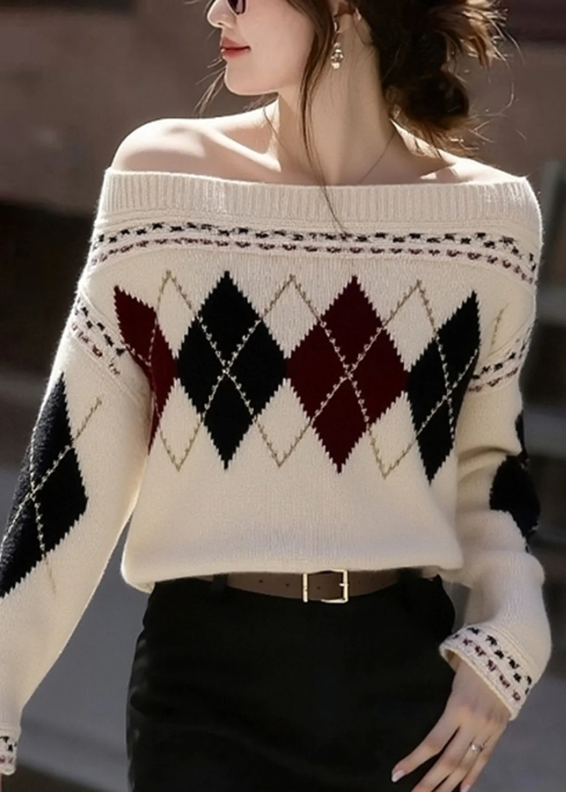 French Khaki Cold Shoulder Print Knit Sweaters Winter - Image 3