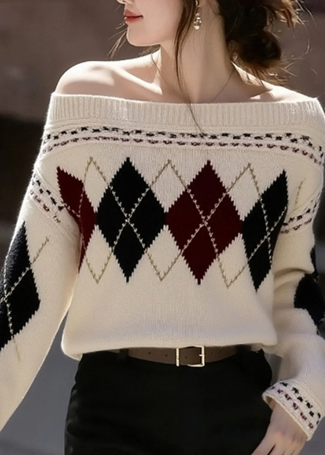 French Khaki Cold Shoulder Print Knit Sweaters Winter - Image 4