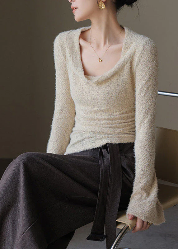 French Khaki Draped Neck Solid Top Spring - Image 2