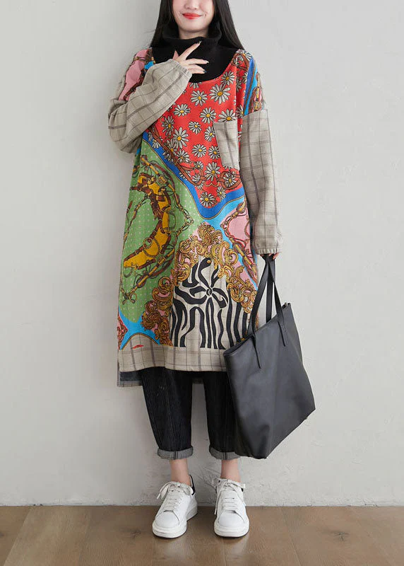 French Khaki Hign Neck Asymmetrical Design Print Warm Fleece Dresses Spring - Image 2