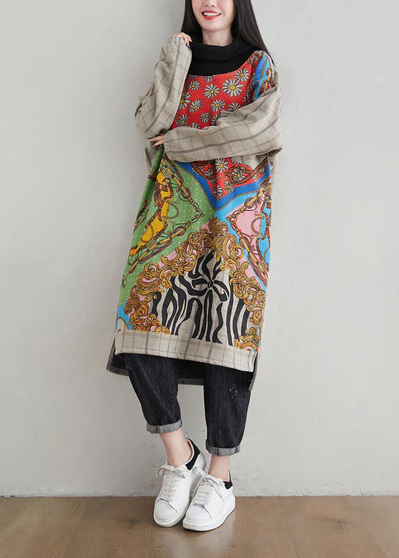 French Khaki Hign Neck Asymmetrical Design Print Warm Fleece Dresses Spring - Image 3