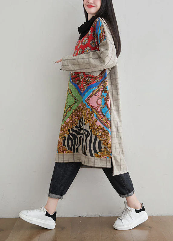 French Khaki Hign Neck Asymmetrical Design Print Warm Fleece Dresses Spring - Image 4