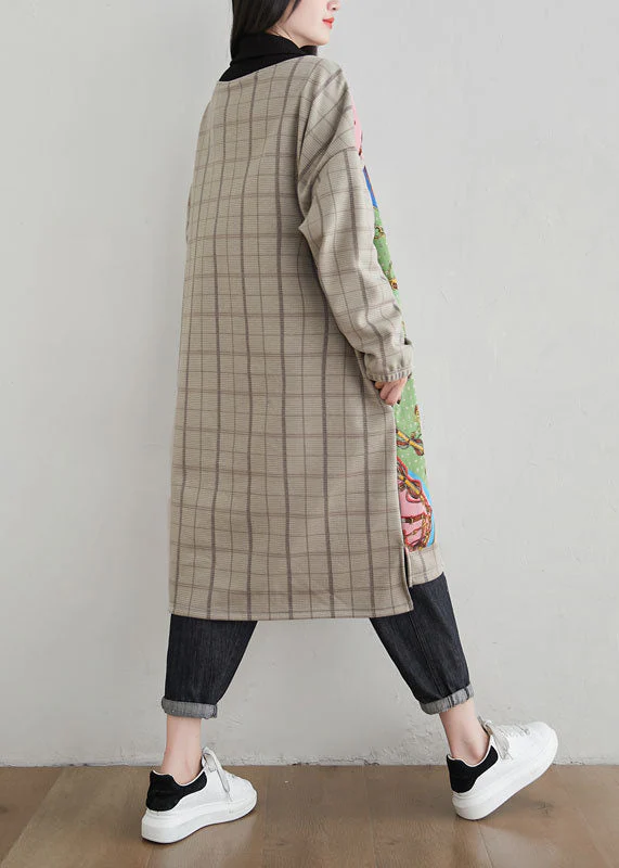 French Khaki Hign Neck Asymmetrical Design Print Warm Fleece Dresses Spring - Image 5