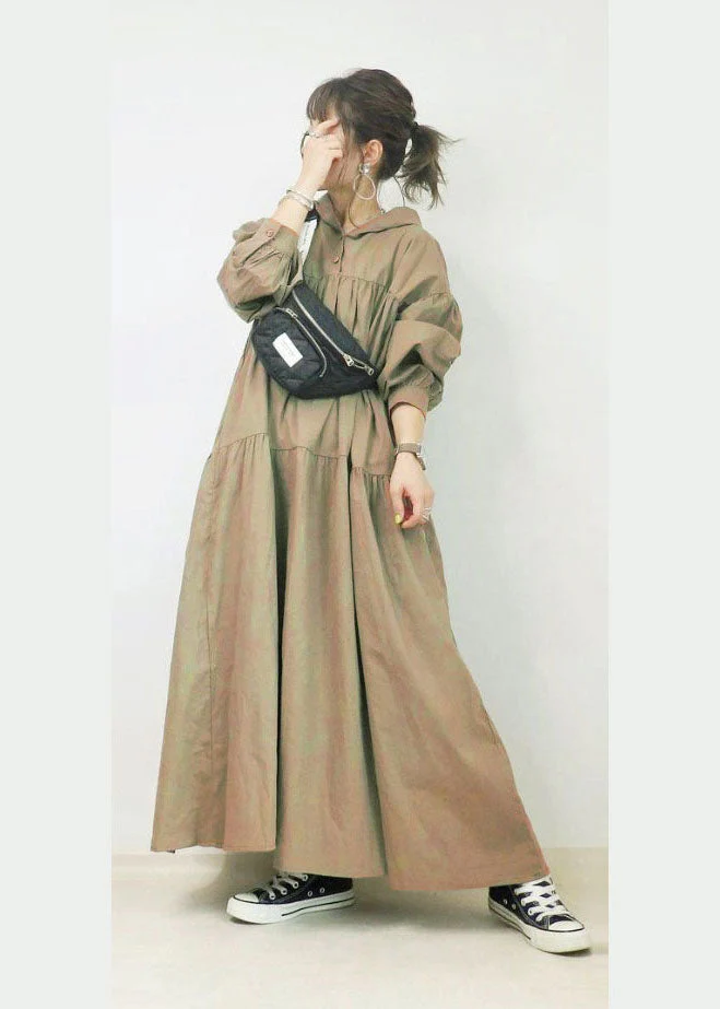 French Khaki Hooded Oversized Wrinkled Cotton Long Dresses Spring - Image 2