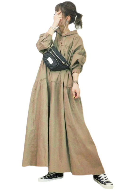 French Khaki Hooded Oversized Wrinkled Cotton Long Dresses Spring - Image 5