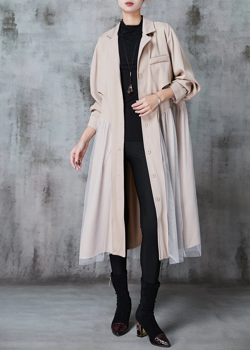 French Khaki Notched Collar Patchwork Tulle Cotton Trench Dress Spring - Image 2