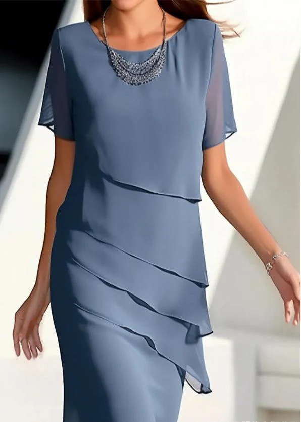 French Khaki O-Neck Layered Solid Chiffon Maxi Dresses Short Sleeve - Image 2