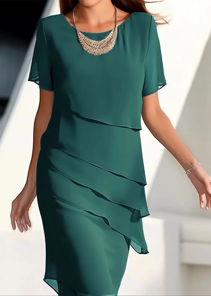 French Khaki O-Neck Layered Solid Chiffon Maxi Dresses Short Sleeve - Image 3