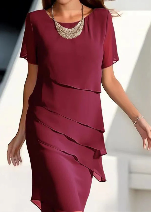 French Khaki O-Neck Layered Solid Chiffon Maxi Dresses Short Sleeve - Image 4