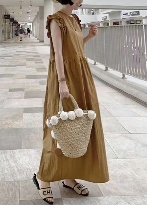 French Khaki O Neck Patchwork Cotton Dress Summer - Image 2