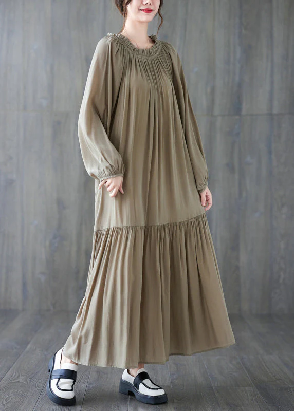 French Khaki O-Neck Patchwork Wrinkled Long Dresses Long Sleeve - Image 2