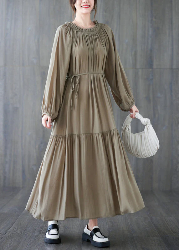 French Khaki O-Neck Patchwork Wrinkled Long Dresses Long Sleeve - Image 3