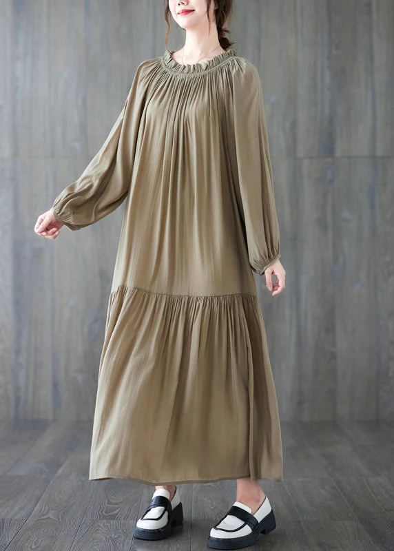 French Khaki O-Neck Patchwork Wrinkled Long Dresses Long Sleeve - Image 4